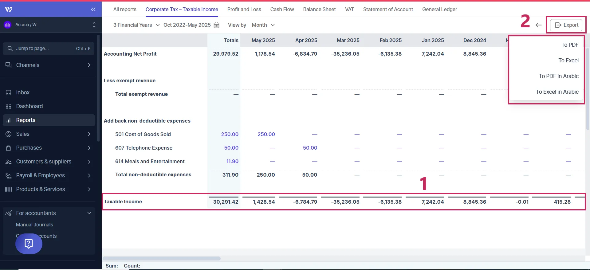 Corporate tax report export